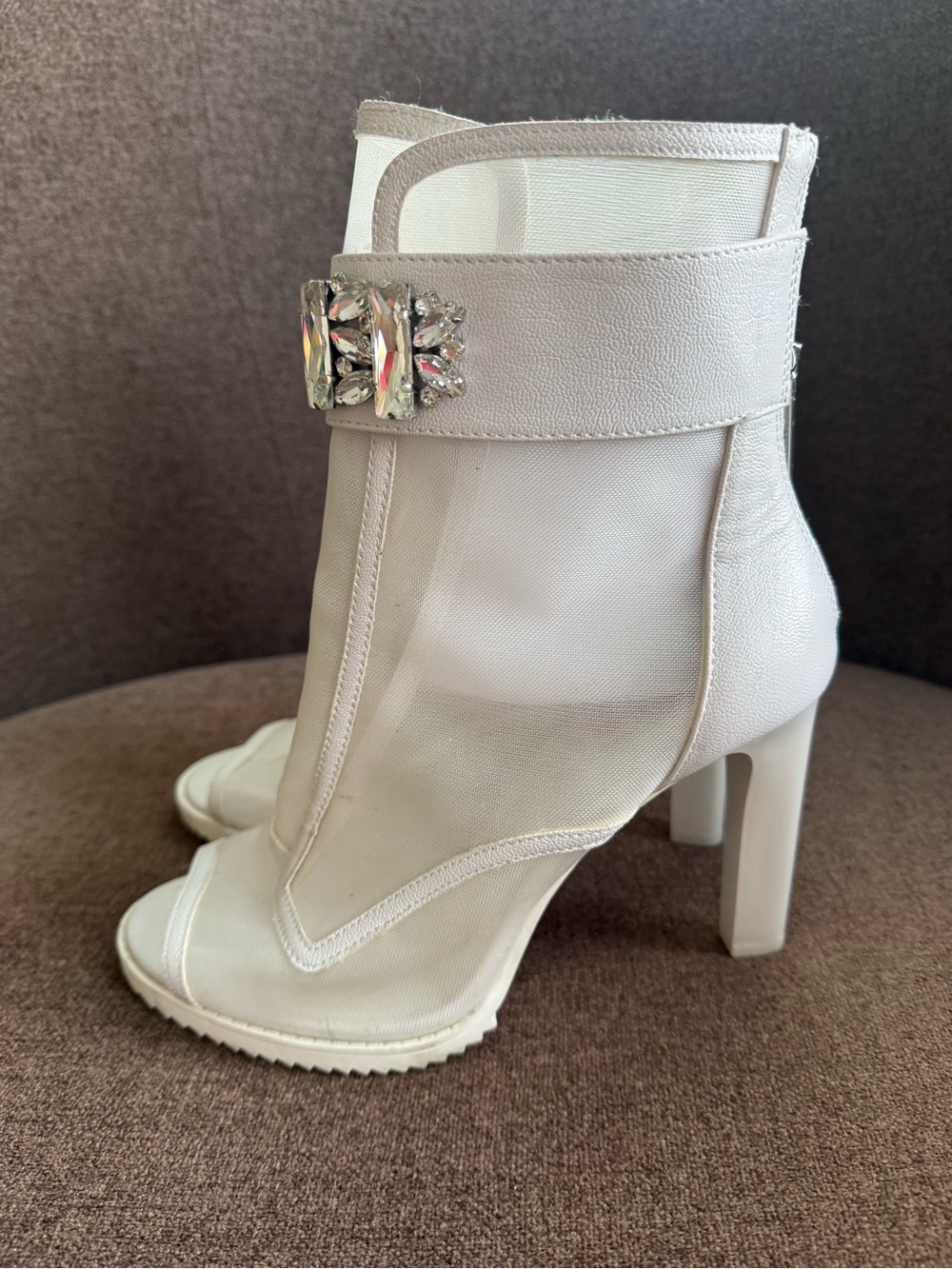 Karl Lagerfeld Cream Mesh Ankle Boots with Crystal Strap